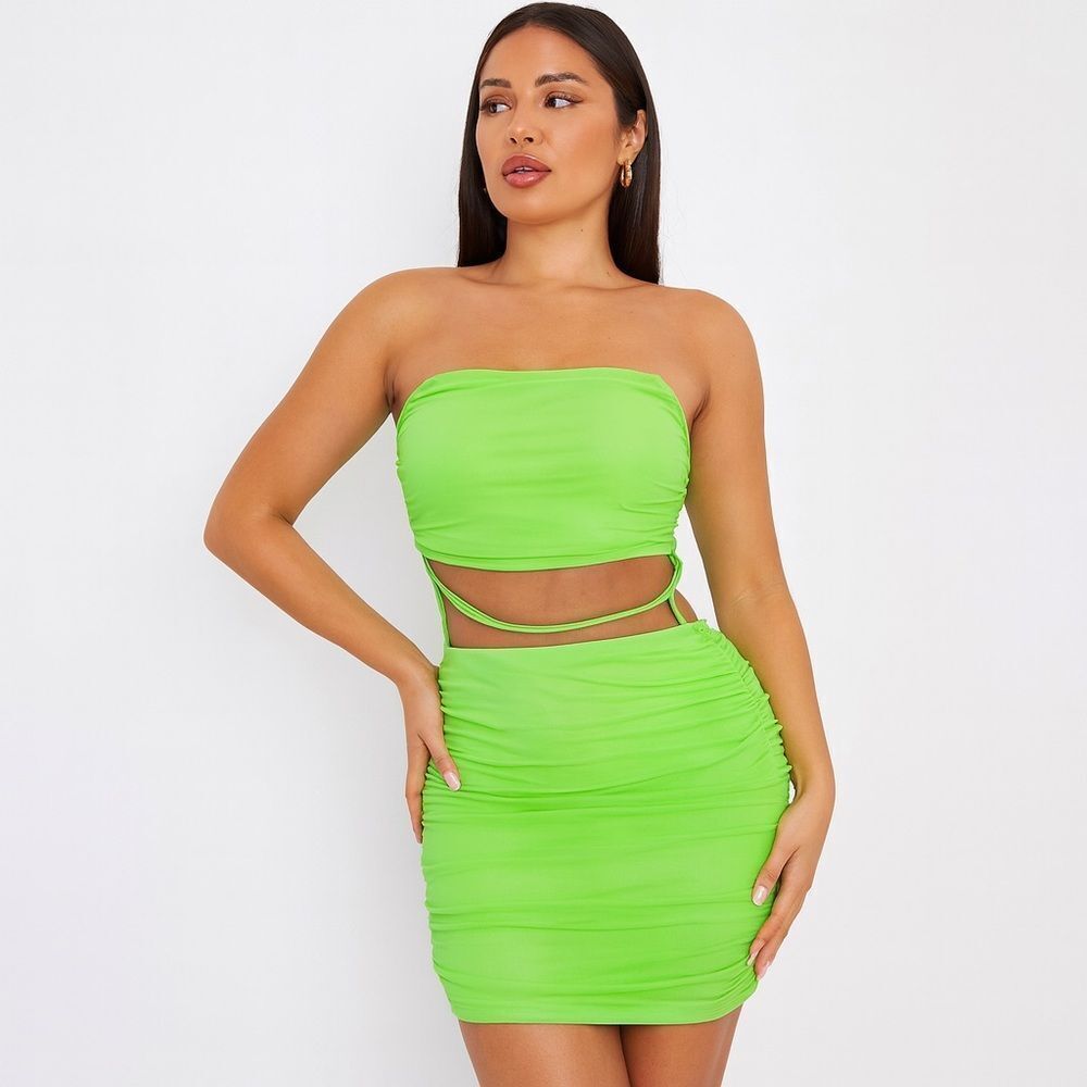Fashion Nova Solid Vibrant Green Strapless Cutout Bodycon Scrunch Mini Dress L